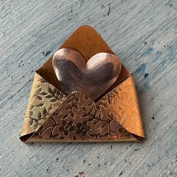 Gold-tone embossed metal envelope pin & a silver heart going into the envelope - Picture 2 of 8